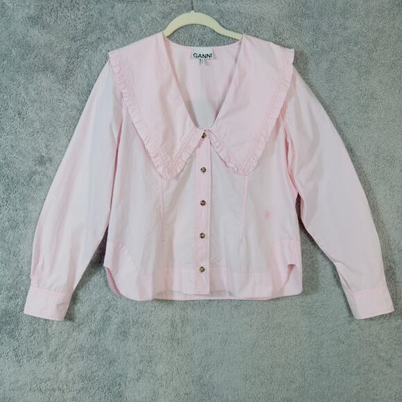 GANNI COTTON POPLIN FRILL PINK PRAIRIE COTTAGE CORE COLLAR SHIRT SIZE M - Picture 1 of 10
